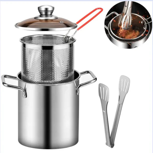 Deep Fryer Pot – 304 Stainless Steel With Strainer Tempura Fryer Pan & Fried Chicken Cooking Tools